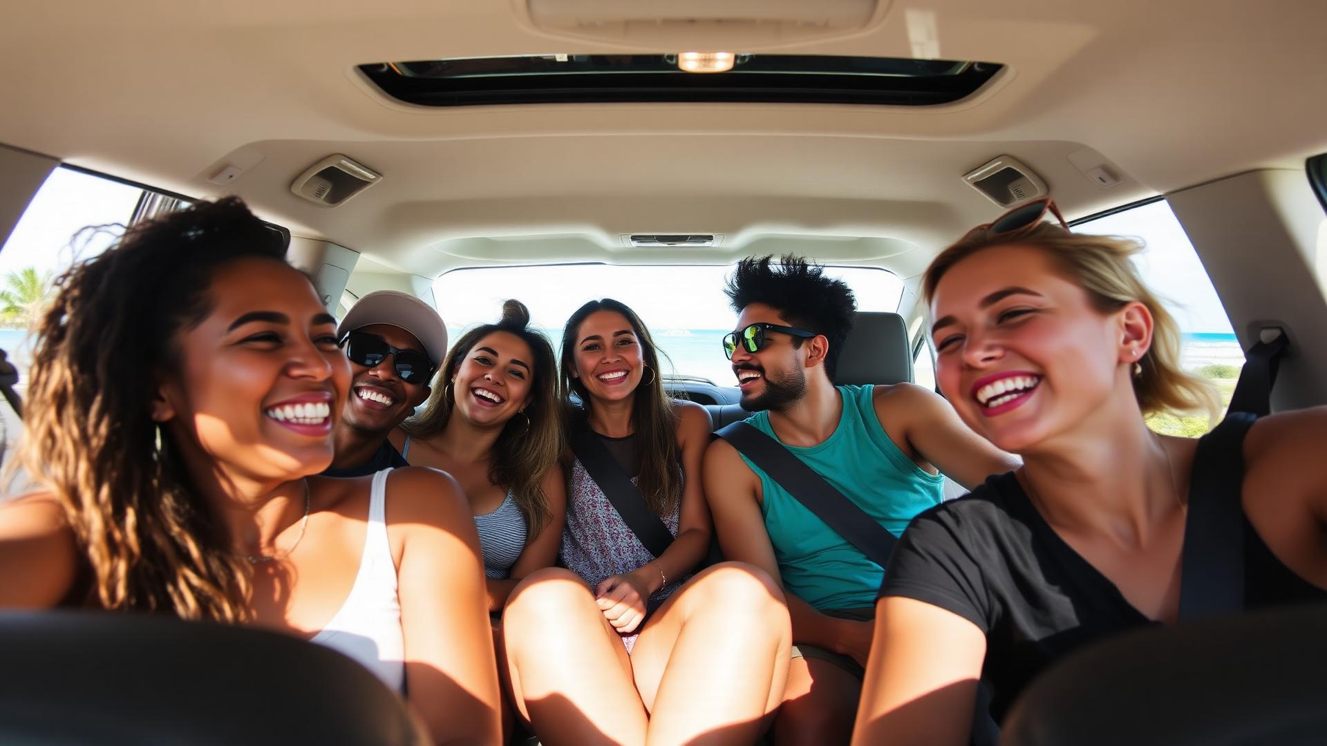 Group of friends laughing together on a road trip
