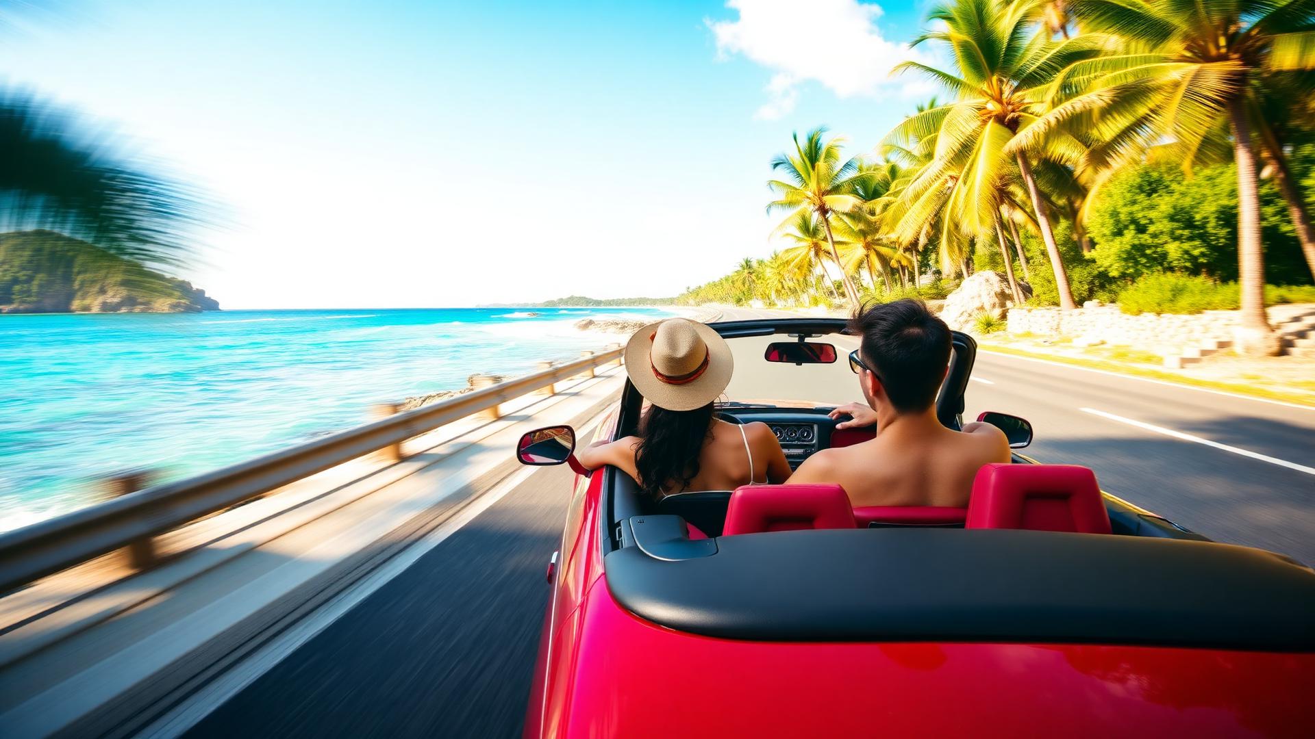 Couple enjoying a scenic coastal drive in a convertible