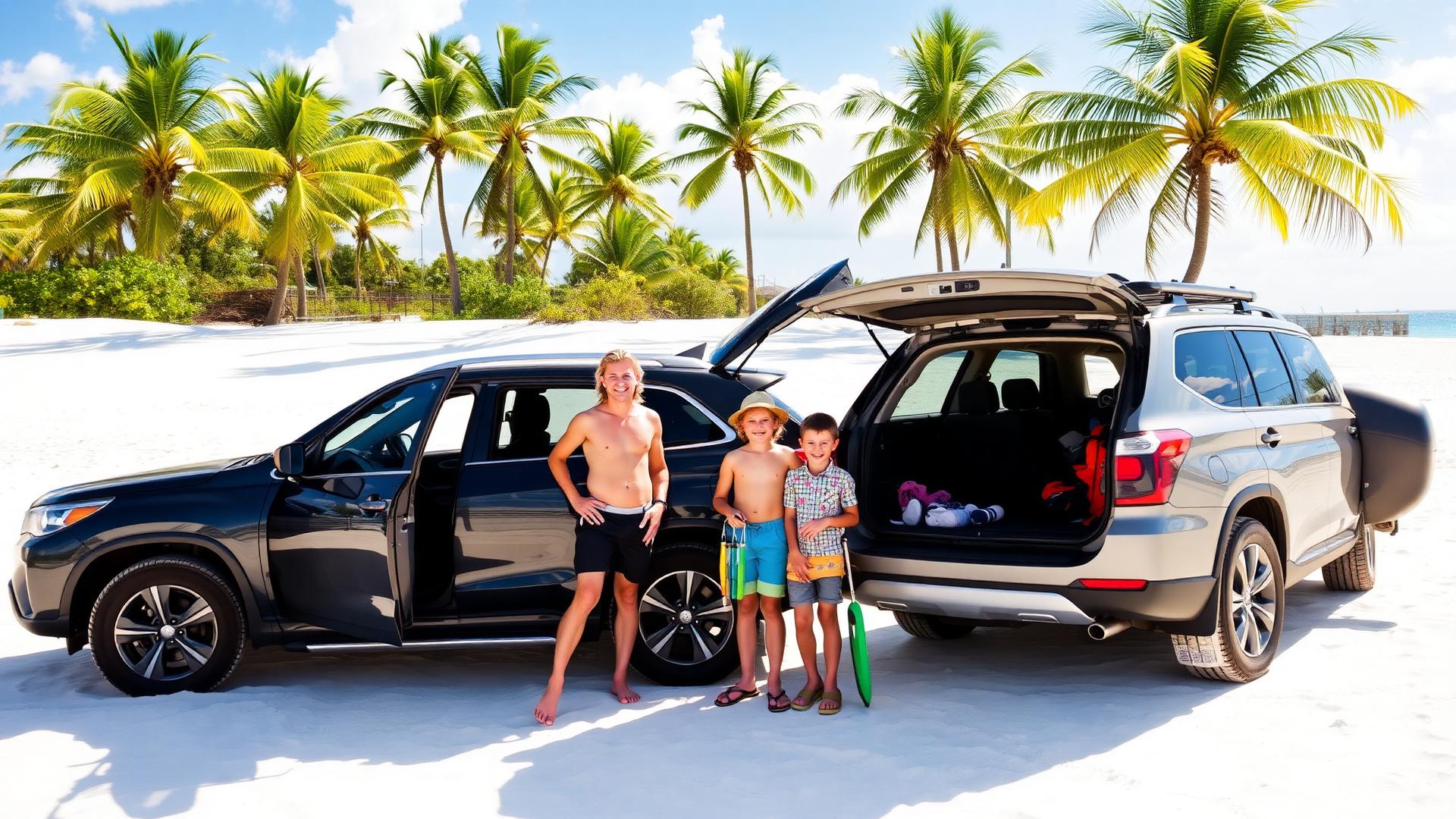 Family with kids at the beach next to their SUV